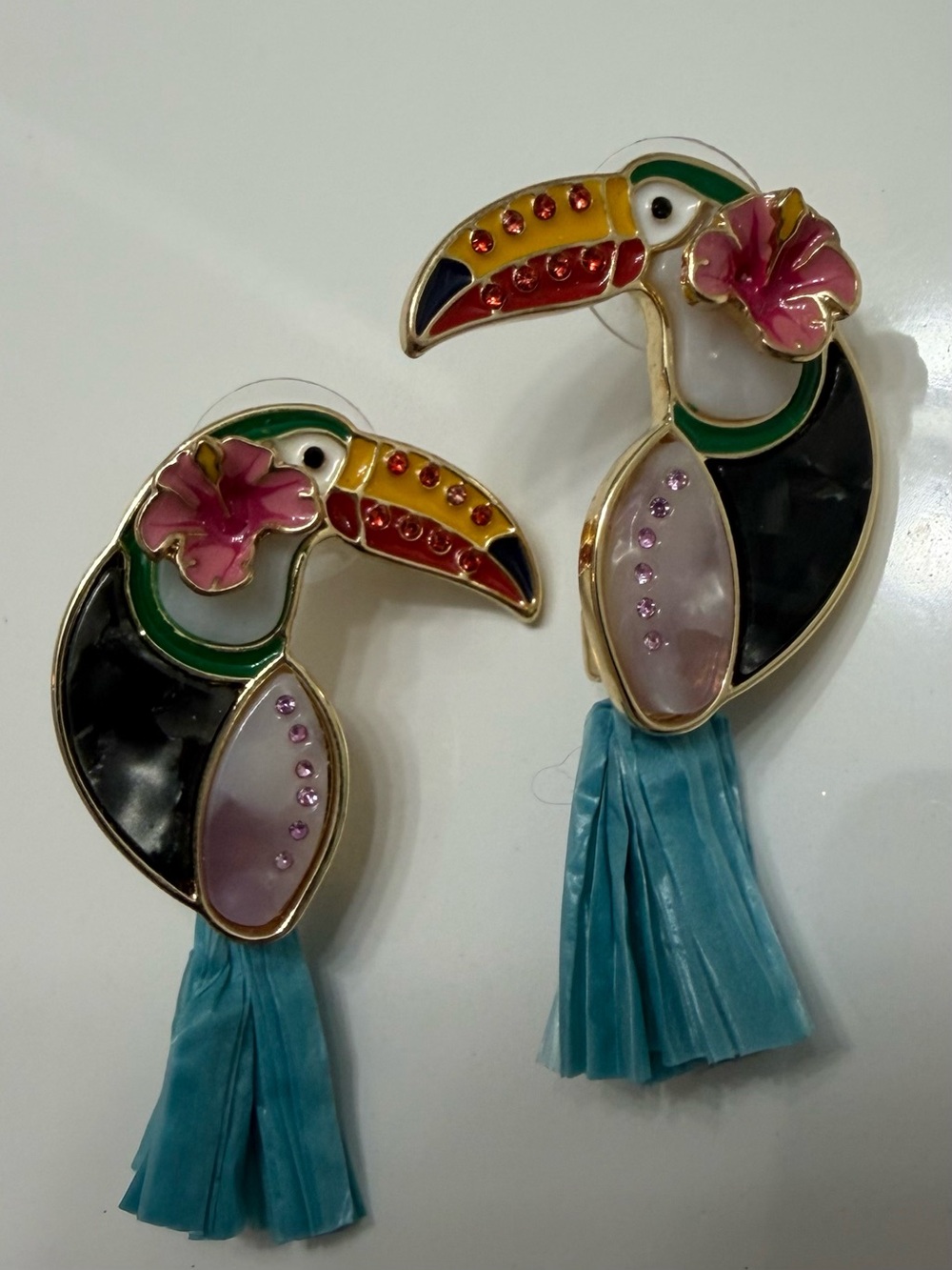 Colorful Toucan Earrings, Gold-toned with Tassels, New